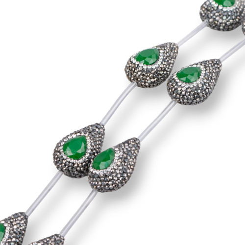 Perline a Filo Di Marcasite Strass Gocce 20x28mm 7pz Nero   Verde Smeraldo e Bianco