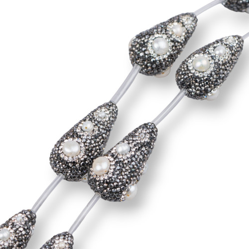 Marcasite Strand Beads Rhinestones Drops With River Pearls 20x34mm 6pcs