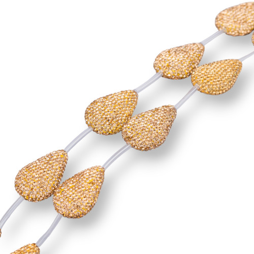 Marcasite Strand Rhinestone Beads Flat Drops 19x28mm 8pcs Golden