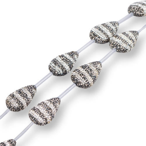 Cuentas de hilo de diamantes de imitación de marcasita, gotas planas, 19x28 mm, 8 piezas, negro y blanco