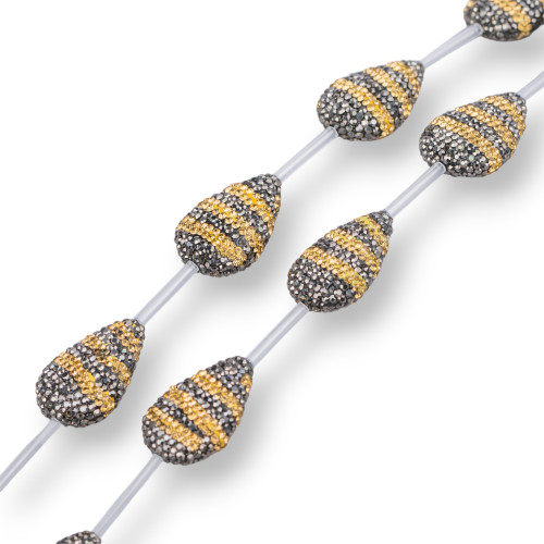 Markasit-Strassstrang-Perlen, flache Tropfen, 26 x 38 mm, 6 Stück, Schwarzgold
