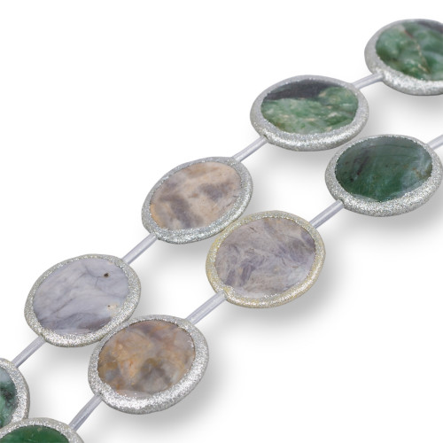 Achat-Strang-Mix, flache runde Perlen mit Glitzer, 30 mm, 8 Stück, Silber