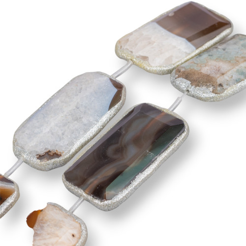 Fil d'agate rayé marron, perles rectangulaires à facettes avec paillettes, 35x55mm, argent
