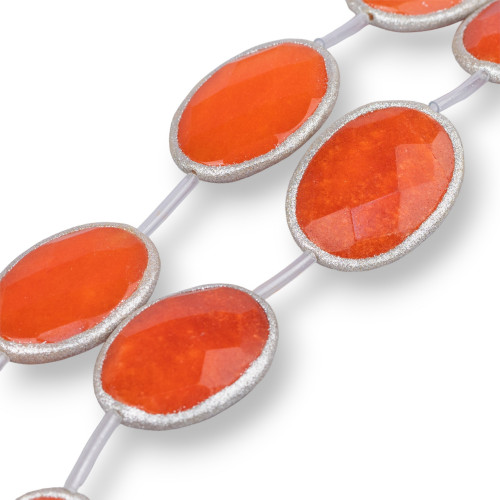 Orangefarbene Jade-Strangperlen, oval, flach, facettiert mit Glitzer, 34 x 44 mm, 5 Stück, Silber