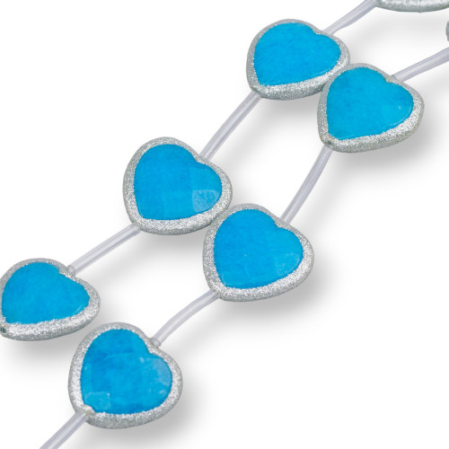 Perline A Filo Di Giada Blu Cuore Piatto Sfaccettato Con Glitter 23mm 8pz Argentato