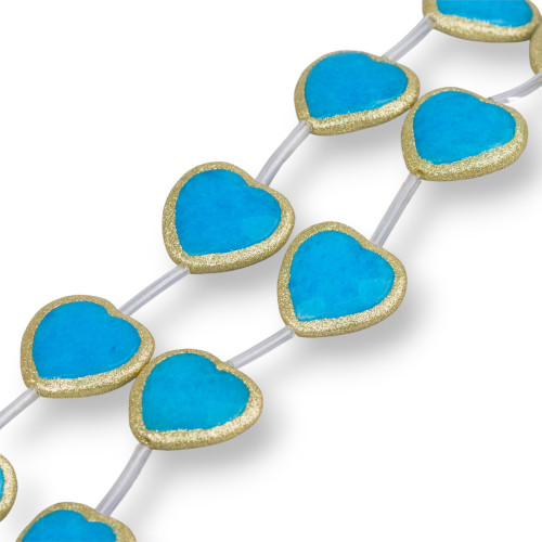 Perline A Filo Di Giada Blu Cuore Piatto Sfaccettato Con Glitter 23mm 8pz Dorato