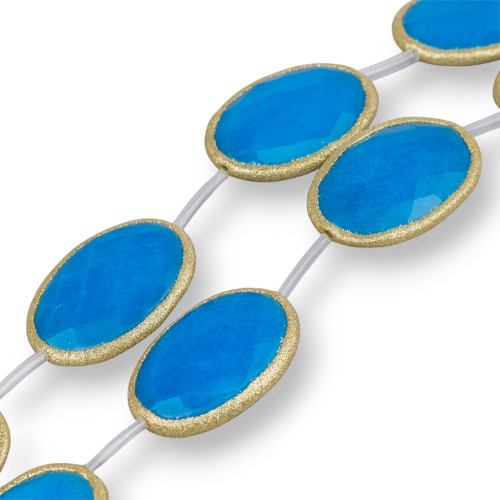 Blue Jade Strand Beads Flat Oval Faceted with Glitter 30x40mm 6pcs Golden