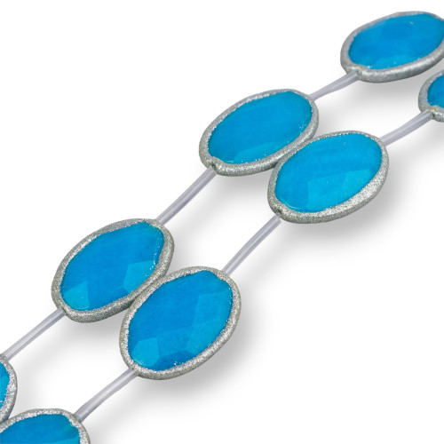 Fil de Jade Bleu Clair Perles Ovales Plats à Facettes avec Paillettes 25x34mm 6pcs Argent