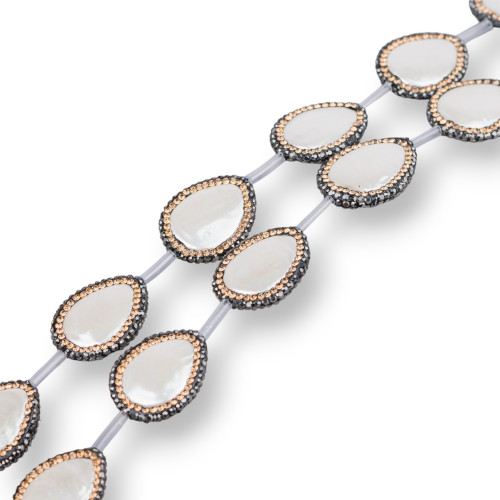 Perles de Strass Marcassite Perles de Majorque Gouttes Plates 20x25mm Blanc 10pcs Bord Noir et Doré