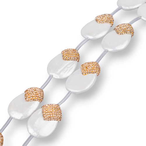 Cuentas de hilo de diamantes de imitación de marcasita, perlas de Mallorca, gotas planas con tapa, 25x35 mm, 6 piezas doradas