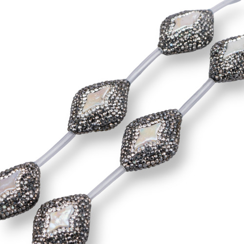 Cuentas de marcasita con diamantes de imitación en forma de rombo con perlas de río, 23x32 mm, 6 unidades