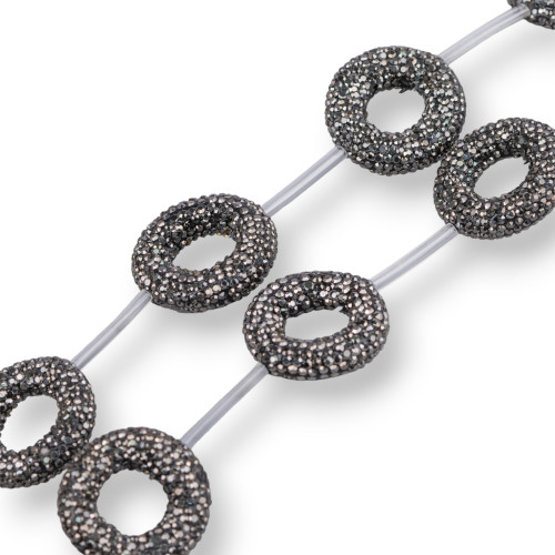 Marcasite Rhinestone Round Donut Strand Beads 22mm 8pcs Black