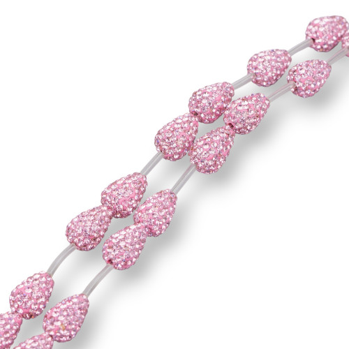 Perline A Filo Componente Di Marcasite Strass Gocce Briolette 12x16mm 14pz Rosa