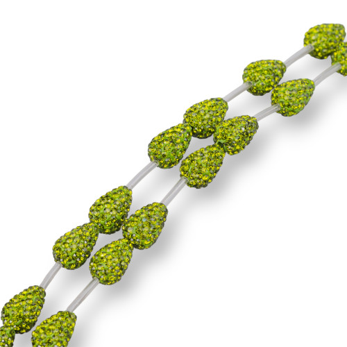 Strand Beads Component Of Marcasite Strass Drops Briolette 12x16mm 14τμχ Olivine Green