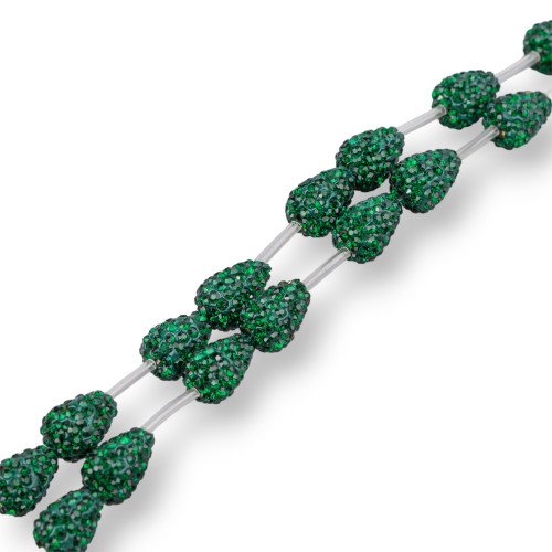 Strand Beads Component Of Marcasite Strass Drops Briolette 12x16mm 14pcs Emerald Green