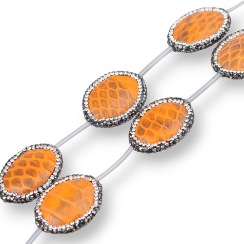 Perlenkette aus Schlangenhaut mit Markasit-Strasssteinen, oval, 21 x 26 mm, 6 Stück, Orange