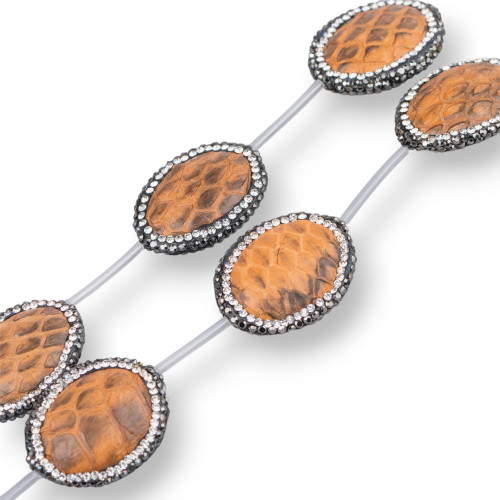 Perlenkette aus Schlangenhaut mit Markasit-Strasssteinen, oval, 21 x 26 mm, 6 Stück, braun