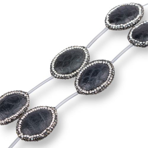 Perlenkette aus Schlangenhaut mit Markasit-Strasssteinen, oval, 21 x 26 mm, 6 Stück, Schwarz