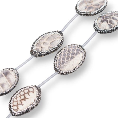 SnakeSkin Component Strand Beads With Marcasite Rhinestones Oval 21x26mm 6τμχ Κρέμα