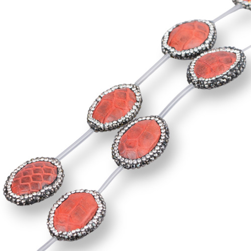 String Beads Component of SnakeSkin with Marcasite Rhinestones Oval 21x26mm 6pcs Light Red