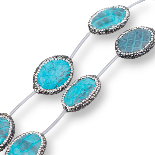 String Beads Component of SnakeSkin with Marcasite Rhinestones Oval 21x26mm 6pcs Turquoise