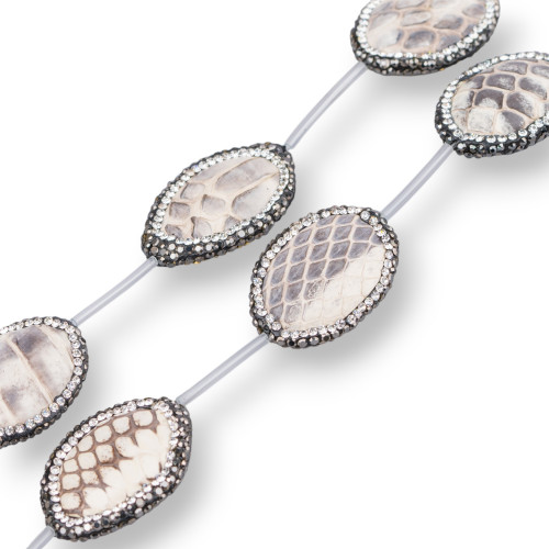 SnakeSkin Component Strang Perlen mit Markasit-Strasssteinen, oval, 23 x 29 mm, 6 Stück, Creme