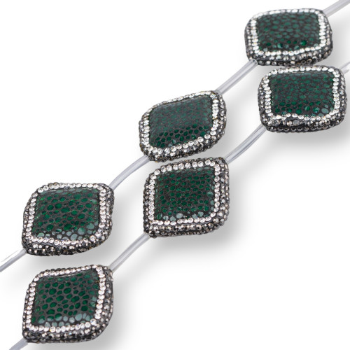 SnakeSkin Component Strand Beads With Marcasite Rhinestones Rhombus 26mm 6τμχ Σκούρο Πράσινο