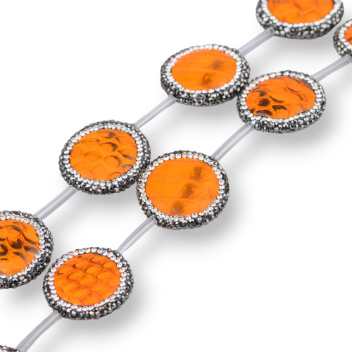 SnakeSkin Component Strand Beads With Marcasite Round Rhinestones 25mm 6pcs Orange