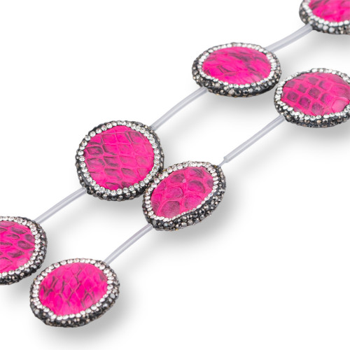 SnakeSkin Component Strand Beads With Marcasite Round Rhinestones 25mm 6pcs Fuchsia