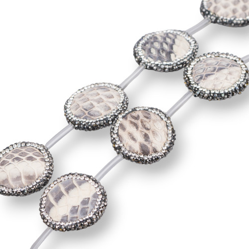 Cuentas de hilo de componente de piel de serpiente con diamantes de imitación redondos de marcasita, 25 mm, 6 piezas, color crema