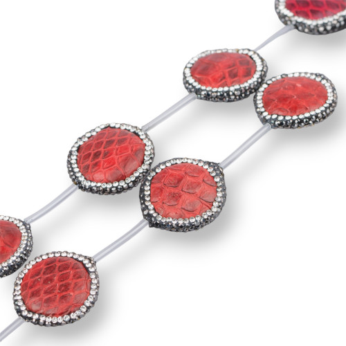 SnakeSkin Component Strand Beads With Marcasite Round Rhinestones 25mm 6pcs Dark Red