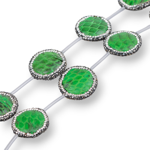SnakeSkin Component Strand Beads With Marcasite Round Rhinestones 25mm 6pcs Green