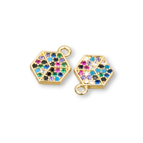 Bronze Pendant Component With Multicolor Zircons Pavé Flat Cube With A Ring 08x11mm 15pcs