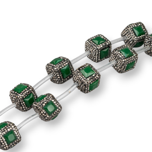 Perline a Filo Di Marcasite Strass Cubo Con Pietre 18mm 10pz Nero Verde Smeraldo