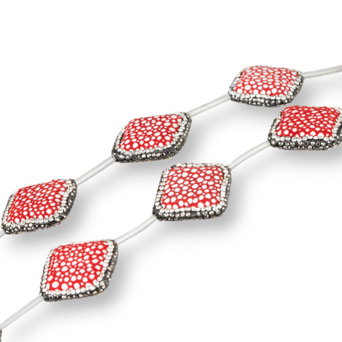 SnakeSkin Component Strand Beads With Marcasite Rhinestones Rhombus 26mm 6pcs Red