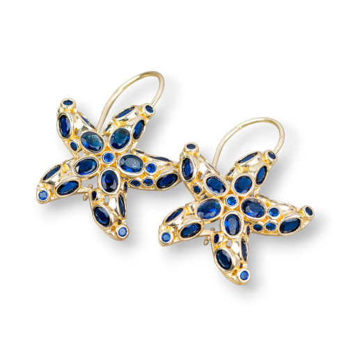 Bronze Hook Earrings With Starfish Set With Zircons 25x35mm Sapphire Blue