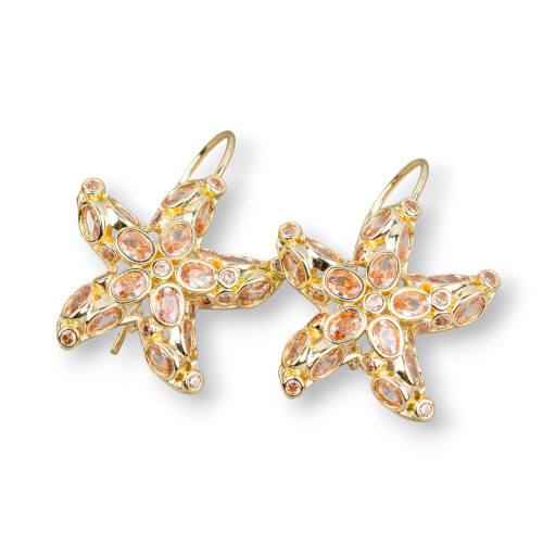 Bronze Hook Earrings With Starfish Set With Zircons 25x35mm Champagne