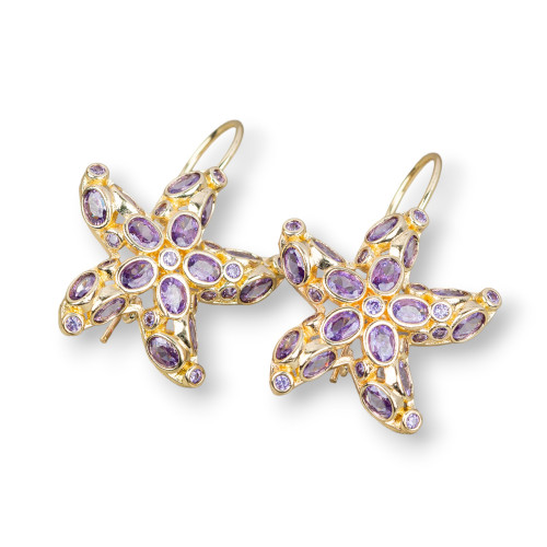 Bronze Hook Earrings With Starfish Set With Zircons 25x35mm Lilac