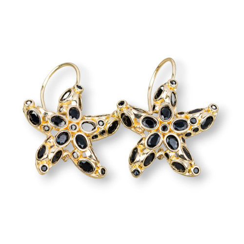 Bronze Hook Earrings With Starfish Set With Zircons 25x35mm Jet Black