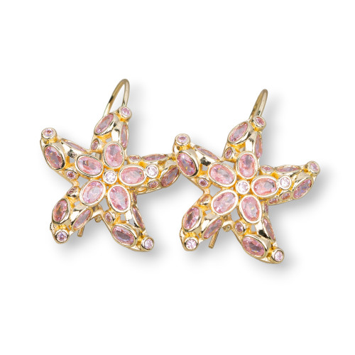Bronze Hook Earrings with Starfish and Zircons Set 25x35mm Pink