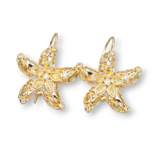 Bronze Leverback Earrings with Starfish and Zircons Set 25x35mm Topaz