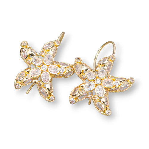 Bronze Hook Earrings With Starfish With Zircons Set 25x35mm Transparent