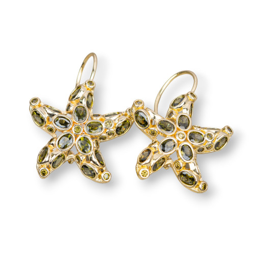 Bronze Hook Earrings with Starfish and Zircons Set 25x35mm Olivine Green