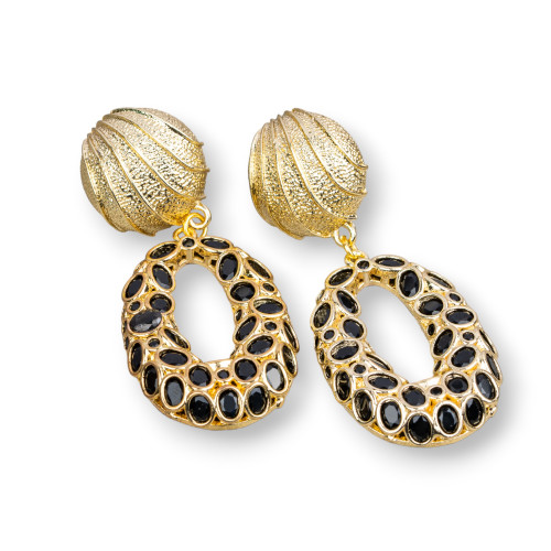 Bronze Stud Earrings With Cubic Zirconia 22x50mm Jet Black