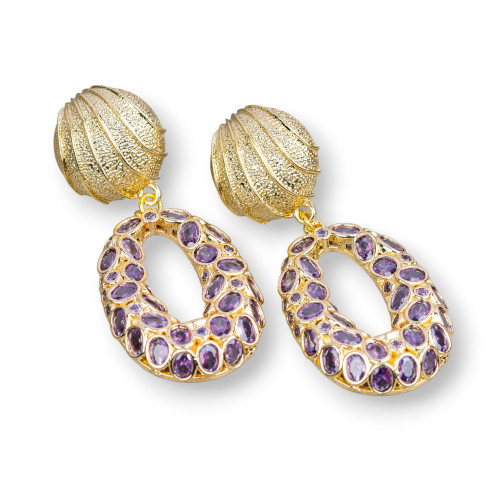 Boucles d'oreilles clous en bronze avec zircons sertis 22x50mm violet