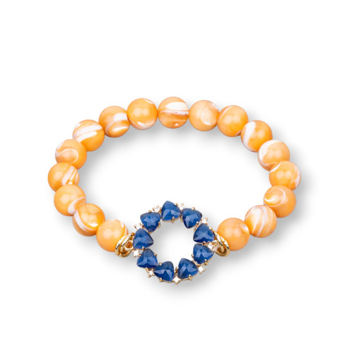 Bracciale Di Bronzo e Occhi di Gatto E Madreperla Con Centrale A Cerchietto Zirconato Arancio Blu