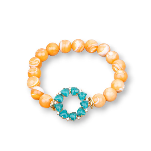 Bracelet en Bronze avec Yeux de Chat et Nacre avec un Bandeau Central en Zircon Orange et Vert