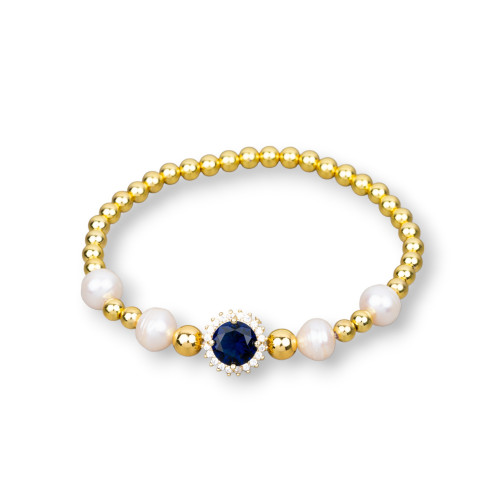 Bracciale Di Ematite 4mm Perle Di Fiume E Centrale Punto Luce Con Zirconi Blu