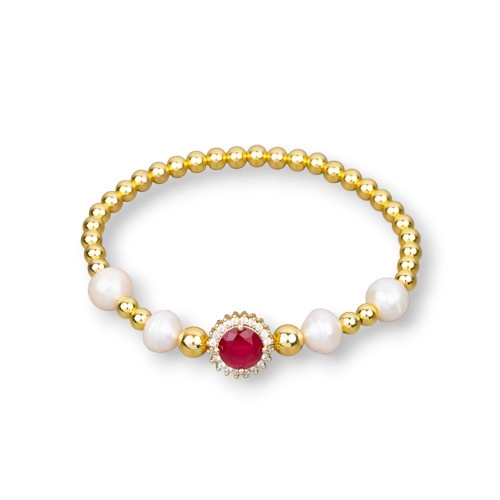 Bracciale Di Ematite 4mm Perle Di Fiume E Centrale Punto Luce Con Zirconi Rosso