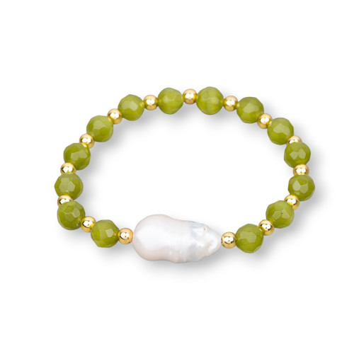 Stretch bracelets with cat's eye river pearls and acid green hematite